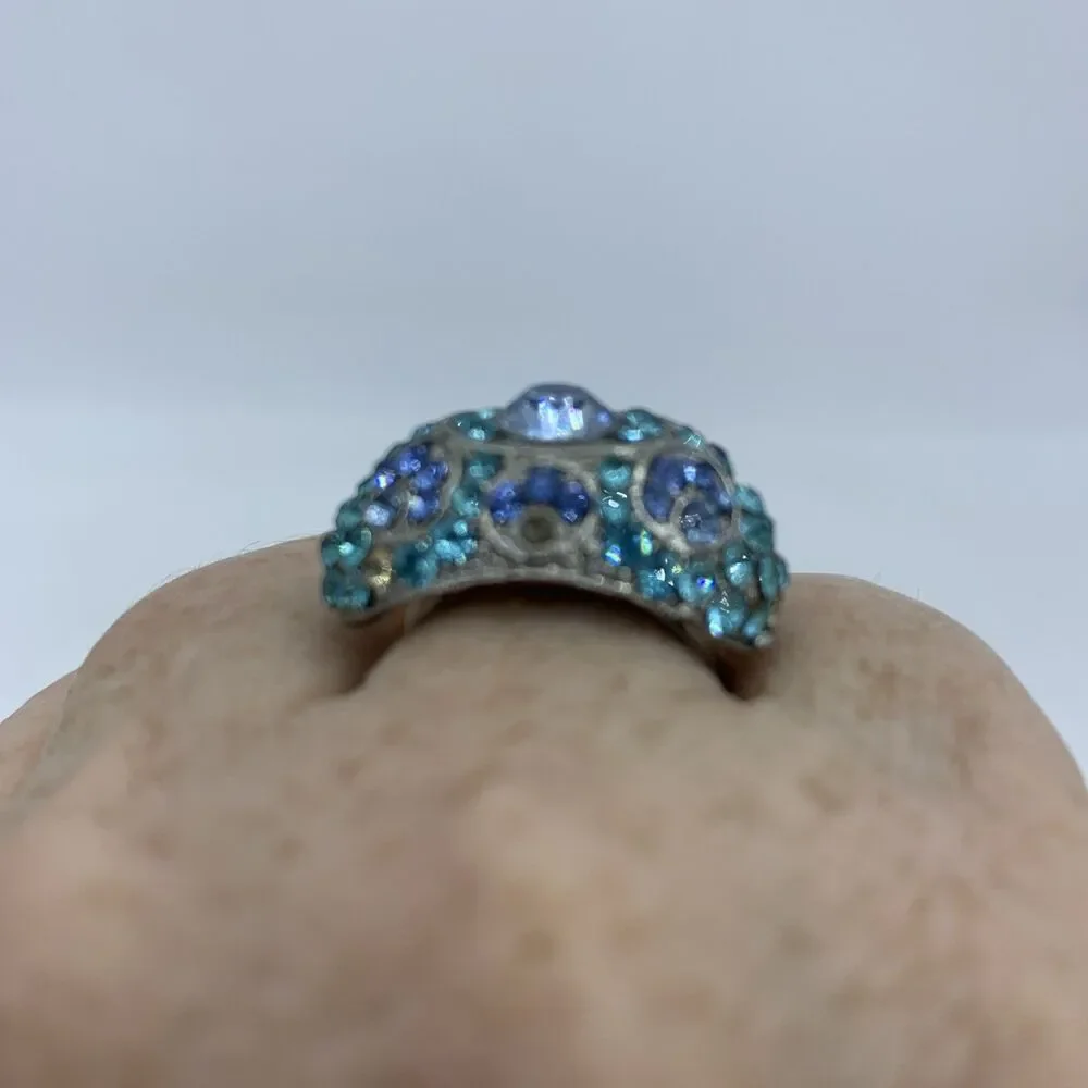 Vintage High Domed Cocktail Ring Blue Rhinestone Cluster MCM Costume‎ Jewelry